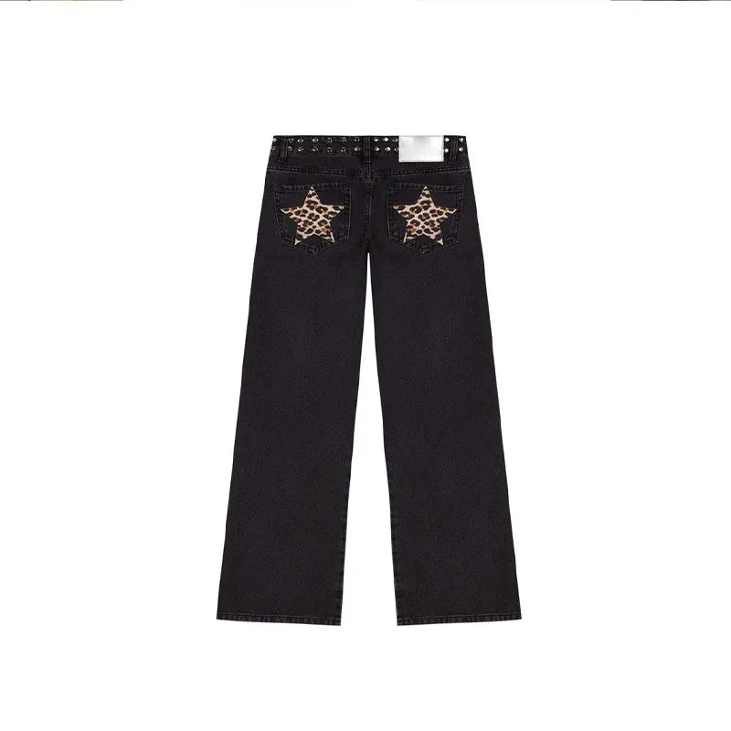 Y2K Vintage Jeans Flash Silver Star Pattern Metal Rivet Jeans Female Baggy Casual Straight Leg Denim Pants Simple Women Clothing