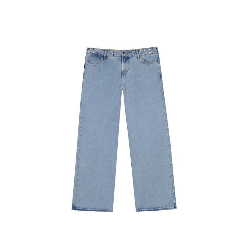 Y2K Vintage Jeans Flash Silver Star Pattern Metal Rivet Jeans Female Baggy Casual Straight Leg Denim Pants Simple Women Clothing